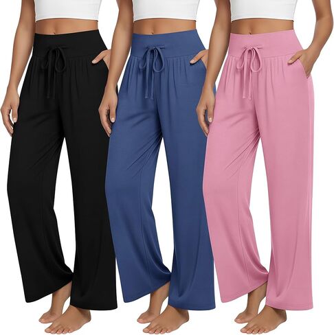 3 Pack Women's Wide Leg Yoga Pants Lightweight Drawstring Lounge Pants High Waisted Casual Pajama with Pockets in Saudi Arabia
