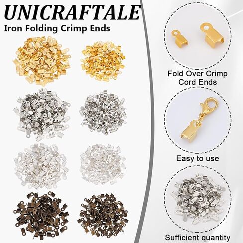 UNICRAFTALE حوالي 800 قطعة، 4 ألوان قابلة للطي، أطراف تجعيد قابلة للطي على أطراف الحبل، مقاسين، أطراف طرفية للمشبك، أطراف نهاية شريط جلدي، أطراف مشبك معدنية، موصل مجوهرات للأساور، صناعة المجوهرات in Kuwait