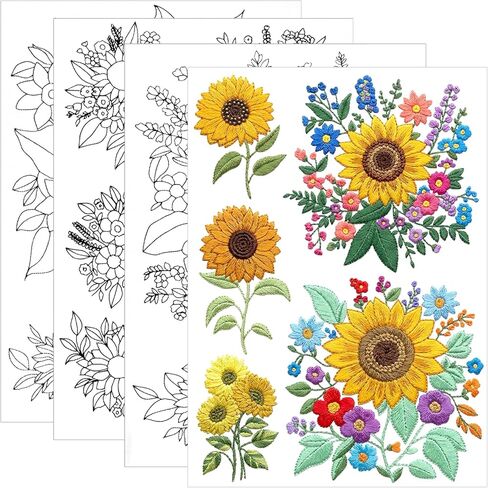 Hadnves 4 Sheets Embroidery Patterns Sunflowers Bouquets Water Soluble Floral Embroidery Patterns Stick and Stitch Wash Away Flower Transfer Paper for T-Shirt Towel Bag Hand Sewing DIY Lover Beginners in Kuwait