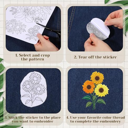 Hadnves 4 Sheets Embroidery Patterns Sunflowers Bouquets Water Soluble Floral Embroidery Patterns Stick and Stitch Wash Away Flower Transfer Paper for T-Shirt Towel Bag Hand Sewing DIY Lover Beginners in Kuwait