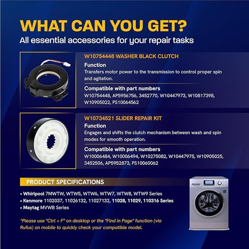 [Upgraded 2026] W10754448 Washer Clutch and W10734521 Slider Repair Kit by Canamax - Fits Whirlpool Maytag Kenmore Top-Load Washers - Replaces W10447973, W10817398, W10006484, W10006494, PS10064562 in Kuwait