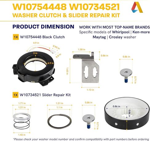 [Upgraded 2026] W10754448 Washer Clutch and W10734521 Slider Repair Kit by Canamax - Fits Whirlpool Maytag Kenmore Top-Load Washers - Replaces W10447973, W10817398, W10006484, W10006494, PS10064562 in Kuwait
