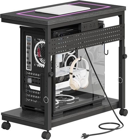 CHOEZON 31.5" Large Computer Tower Stand with Power Outlet, Under-Desk PC Cart with 2 Hooks, PC Stand with LED, Height Adjustable PC Tower Holder on Wheels, for Living Room, Office, Black TCJ51UDBB in Kuwait