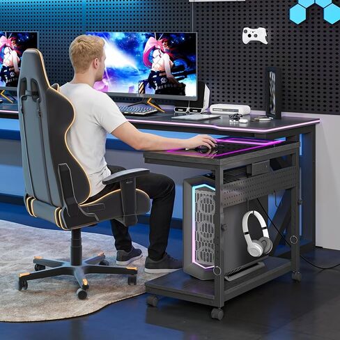 CHOEZON 31.5" Large Computer Tower Stand with Power Outlet, Under-Desk PC Cart with 2 Hooks, PC Stand with LED, Height Adjustable PC Tower Holder on Wheels, for Living Room, Office, Black TCJ51UDBB in Kuwait