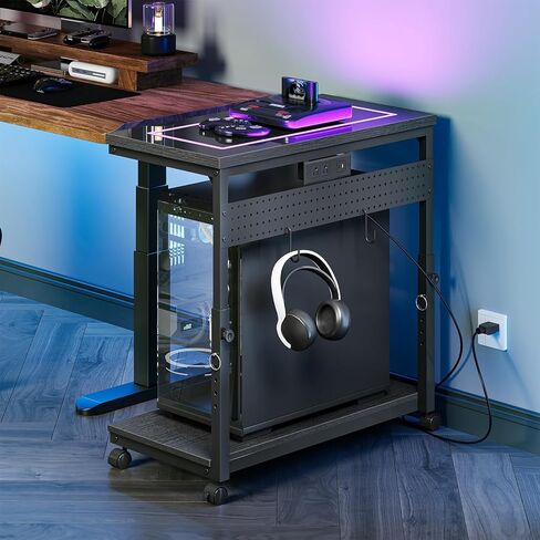 CHOEZON 31.5" Large Computer Tower Stand with Power Outlet, Under-Desk PC Cart with 2 Hooks, PC Stand with LED, Height Adjustable PC Tower Holder on Wheels, for Living Room, Office, Black TCJ51UDBB in Kuwait