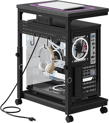 CHOEZON 31.5" Large Computer Tower Stand with Power Outlet, Under-Desk PC Cart with 2 Hooks, PC Stand with LED, Height Adjustable PC Tower Holder on Wheels, for Living Room, Office, Black TCJ51UDBB in Kuwait