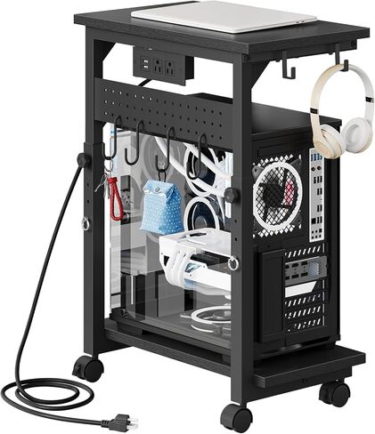 CHOEZON Computer Tower Stand, Height Adjustable PC Holder on Wheels, Computer Stand with Power Outlet, Under-Desk PC Cart with 6 Hooks, Movable Side Table, for Living Room, Office, Black TCJ50UBB in Kuwait