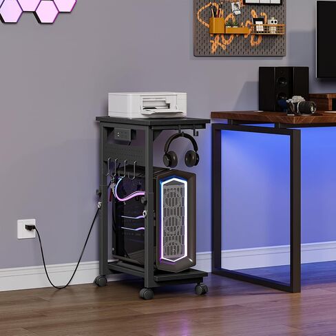 CHOEZON Computer Tower Stand, Height Adjustable PC Holder on Wheels, Computer Stand with Power Outlet, Under-Desk PC Cart with 6 Hooks, Movable Side Table, for Living Room, Office, Black TCJ50UBB in Kuwait
