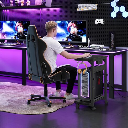 CHOEZON Computer Tower Stand, Height Adjustable PC Holder on Wheels, Computer Stand with Power Outlet, Under-Desk PC Cart with 6 Hooks, Movable Side Table, for Living Room, Office, Black TCJ50UBB in Kuwait