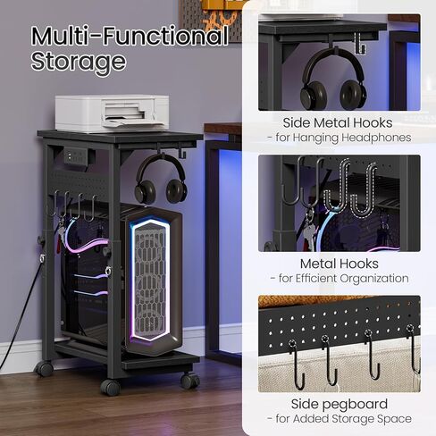 CHOEZON Computer Tower Stand, Height Adjustable PC Holder on Wheels, Computer Stand with Power Outlet, Under-Desk PC Cart with 6 Hooks, Movable Side Table, for Living Room, Office, Black TCJ50UBB in Kuwait