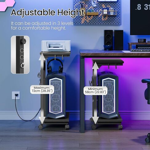 CHOEZON Computer Tower Stand, Height Adjustable PC Holder on Wheels, Computer Stand with Power Outlet, Under-Desk PC Cart with 6 Hooks, Movable Side Table, for Living Room, Office, Black TCJ50UBB in Kuwait