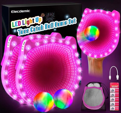 3D LED Light Up Toss Catch Ball Game Set Toys for Back Yard Outdoor Party Favors Glow in Dark Sticky Paddle Baseball Gift Age 3 4 5 6 7 8 9 10 11 12 Years Old Girls Boy Kid Family Adult in Kuwait