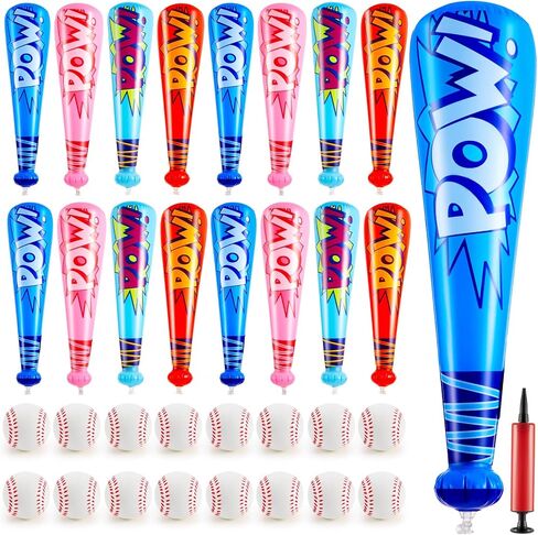 Seematn 18 Sets Inflatable Baseball Bats and Baseballs Set Includes 17 Inch Pow Inflatable Baseball Bats and 2.5 Inch Mini Foam Baseballs for Sports Party Favor Carnival Birthday (Bright Colors) in Kuwait