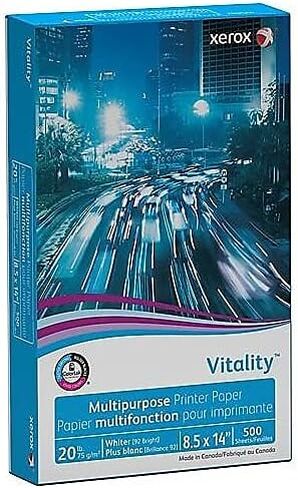 طابعة وورق Xerox® Vitality™ متعدد الاستخدامات، 1 رزمة، أبيض، قانوني (8.5 بوصة × 14 بوصة)، 500 ورقة لكل رزمة، 20 رطل، 92 درجة سطوع، معتمد من FSC® in Kuwait