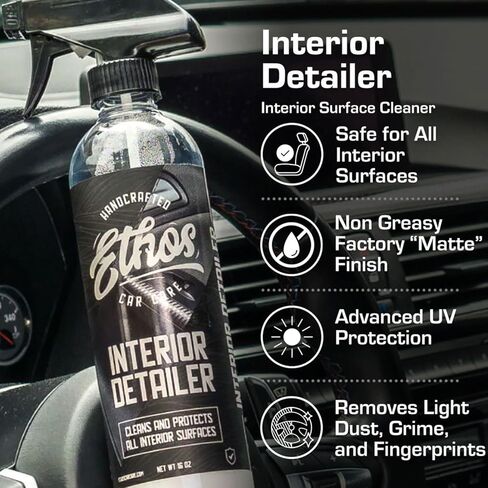 بخاخ Ethos Interior Detailer - منظف السيارة الداخلي ينظف ويحمي جميع الأسطح الداخلية بسهولة | لمسة نهائية من الساتان غير الدهني مع حماية من الأشعة فوق البنفسجية وعوامل تحييد الرائحة in Kuwait