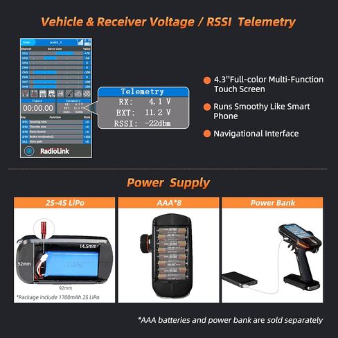 Radiolink RC8X 8 Channels 2.4G RC Transmitter and R8FG&R4FGM V2.1 Gyro Receiver, Voltage Telemetry Surface Remote Controller, 4.3" IPS Touch FPV Screen for RC Crawler/Drifting/Cars/Boats in Kuwait