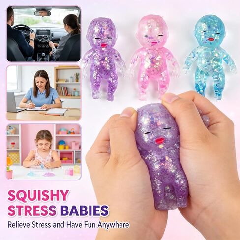 3PCS Baby Squishy Glittery, Slow Rising Squishy, 4" Soft Squeezable Fidget Toy, Desk Decor & Anxiety Relief, Ideal for Birthday Gifts, Party Favors, Classroom Prizes, Easter Basket Stuffers in Kuwait