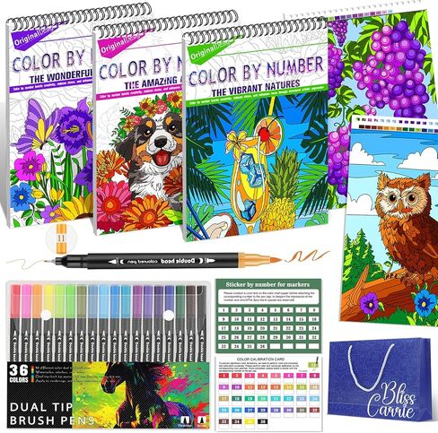 ADEVIAN 3-in-1 Color by Numbers Adult Coloring Books with 36 Colors Markers – Spiral Bound & Single-Sided, Easy Number Matching & Tear-Out for Framing, Stress Relief & Creativity for Beginners in Kuwait