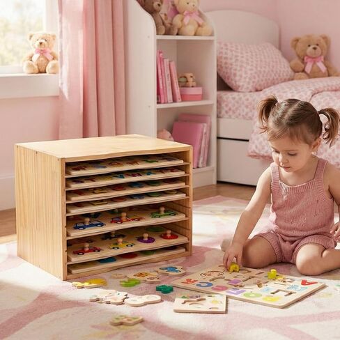 Wooden Puzzle Holder Rack, 7-Tier Puzzle Storage Shelf with Removable Drawers Puzzle Racks for Wooden Puzzles in Kuwait