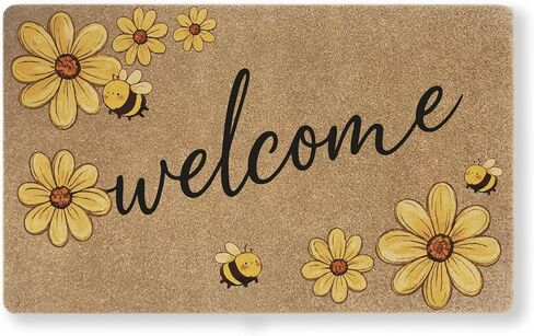 Bee Welcome Door Mat 30x17 Inch, Daisy Flower Faux Coir Doormat, Non-Slip Indoor Outdoor Entryway Rug, Spring Floral Front Porch Mat, Dirt Trapping for Home Patio Apartment Gift in Kuwait
