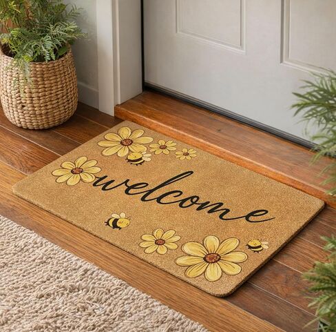 Bee Welcome Door Mat 30x17 Inch, Daisy Flower Faux Coir Doormat, Non-Slip Indoor Outdoor Entryway Rug, Spring Floral Front Porch Mat, Dirt Trapping for Home Patio Apartment Gift in Kuwait
