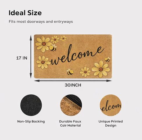 Bee Welcome Door Mat 30x17 Inch, Daisy Flower Faux Coir Doormat, Non-Slip Indoor Outdoor Entryway Rug, Spring Floral Front Porch Mat, Dirt Trapping for Home Patio Apartment Gift in Kuwait