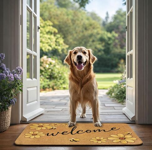 Bee Welcome Door Mat 30x17 Inch, Daisy Flower Faux Coir Doormat, Non-Slip Indoor Outdoor Entryway Rug, Spring Floral Front Porch Mat, Dirt Trapping for Home Patio Apartment Gift in Kuwait