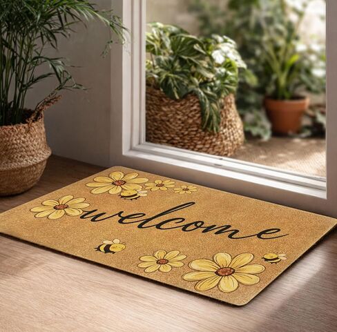 Bee Welcome Door Mat 30x17 Inch, Daisy Flower Faux Coir Doormat, Non-Slip Indoor Outdoor Entryway Rug, Spring Floral Front Porch Mat, Dirt Trapping for Home Patio Apartment Gift in Kuwait