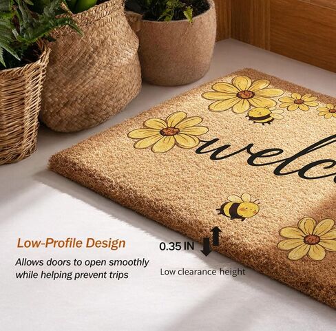 Bee Welcome Door Mat 30x17 Inch, Daisy Flower Faux Coir Doormat, Non-Slip Indoor Outdoor Entryway Rug, Spring Floral Front Porch Mat, Dirt Trapping for Home Patio Apartment Gift in Kuwait