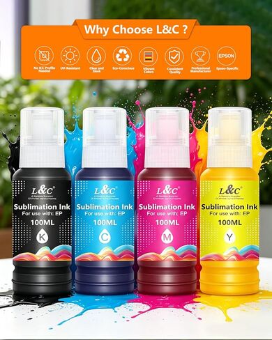 حبر التسامي L&C 522 زجاجات إعادة التعبئة حبر نقل الحرارة لطابعات ET-2800 ET-2720 ET-15000 ET-2760 ET-2803 ET-4700 ET-2850 ET-4760 ET-4800 ET-2700 ET-3760 للأكواب والقمصان والوسائد وأغطية الهاتف in Kuwait
