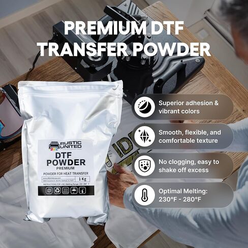 مسحوق Rustic United DTF، 1 كجم / 35.3 أونصة لاصقة تذوب بالحرارة مسبقًا نقل رقمي طباعة مباشرة لجميع أنواع الملابس والأقمشة المتوافقة مع جميع طابعات DTF/DTG in Kuwait