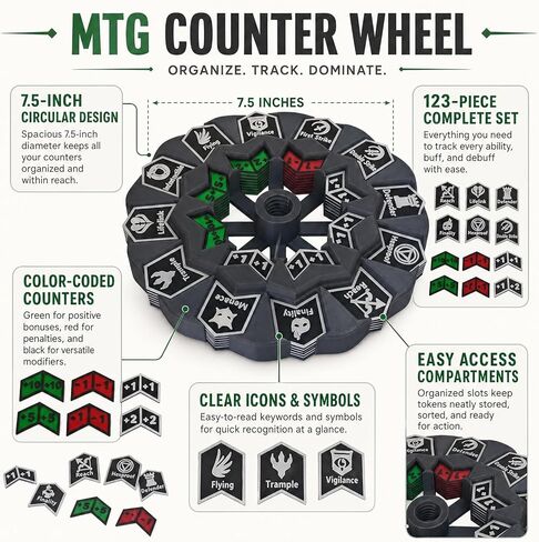 MTG Abilities Keywords Counter Wheel,7.5" Diameter Token Tracker with 123-Piece Keyword and Life Counter Bulk Tokens,for TCG/MTG Magic Card Gaming Accessories-Track Flying,Lifelink & Stat Buffs Easily in Kuwait