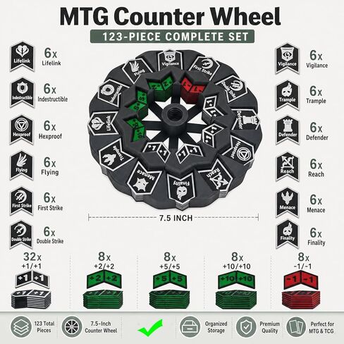 MTG Abilities Keywords Counter Wheel,7.5" Diameter Token Tracker with 123-Piece Keyword and Life Counter Bulk Tokens,for TCG/MTG Magic Card Gaming Accessories-Track Flying,Lifelink & Stat Buffs Easily in Kuwait