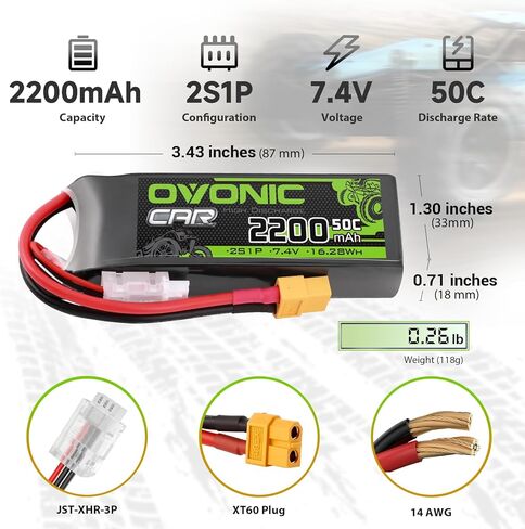 OVONIC 2200mAh 7.4V 2S Lipo Battery 50C Soft Case with XT60+TRX Connector for RC Cars, Trucks, Planes, Drones – 1 Pack in Kuwait