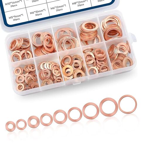 200 PCS Car Copper Washers Assortment Kit, Metric Copper Crush Washer, 9 Sizes Flat Sealing Washer Assortment Kit, Universal Copper Oil Pan Plug Sealing Gaskets for Cars (Gold) in Kuwait