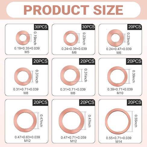 200 PCS Car Copper Washers Assortment Kit, Metric Copper Crush Washer, 9 Sizes Flat Sealing Washer Assortment Kit, Universal Copper Oil Pan Plug Sealing Gaskets for Cars (Gold) in Kuwait