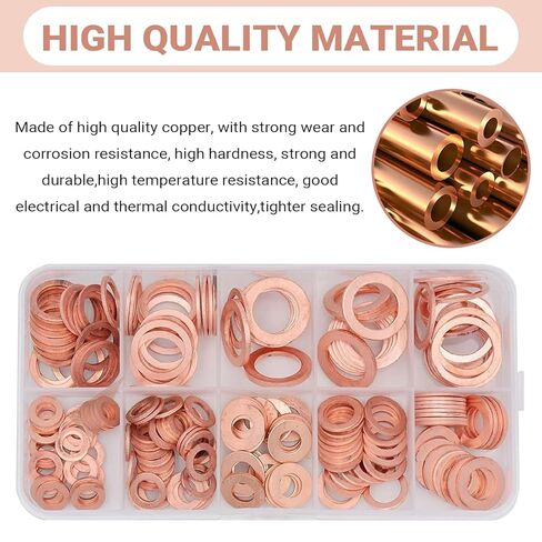 200 PCS Car Copper Washers Assortment Kit, Metric Copper Crush Washer, 9 Sizes Flat Sealing Washer Assortment Kit, Universal Copper Oil Pan Plug Sealing Gaskets for Cars (Gold) in Kuwait