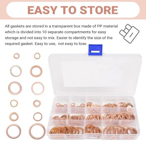200 PCS Car Copper Washers Assortment Kit, Metric Copper Crush Washer, 9 Sizes Flat Sealing Washer Assortment Kit, Universal Copper Oil Pan Plug Sealing Gaskets for Cars (Gold) in Kuwait