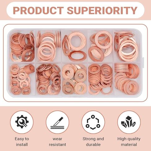 200 PCS Car Copper Washers Assortment Kit, Metric Copper Crush Washer, 9 Sizes Flat Sealing Washer Assortment Kit, Universal Copper Oil Pan Plug Sealing Gaskets for Cars (Gold) in Kuwait