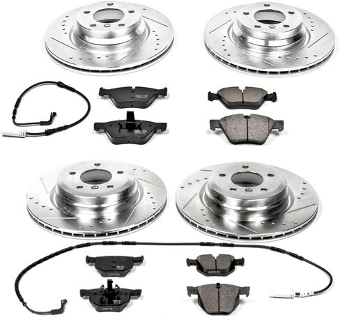 طقم فرامل أمامية وخلفية PowerStop لسيارة BMW 330i 2006 - دوارات قرصية مثقوبة ومشقوقة مع استبدال وسادات فرامل سيراميك من ألياف الكربون، K2886 in Kuwait