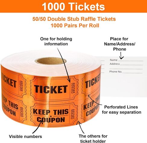 ceiba tree 1000 Raffle Tickets Double Roll Metallic Orange Foil Ticket for Events Carnivals Entry Class Reward Prizes Party Supplies in Kuwait