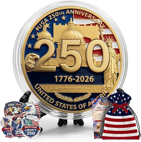 America 250 Anniversary Commemorative Coins | 250th Gold Plated Commemorative Coin | USA Independence Day & 4th of July Gift | Bald Eagle, Liberty Bell & Statue of Liberty | Case, Velvet Pouch & Stand in Kuwait