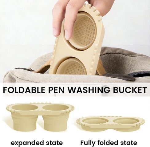 Beige Dual Compartment Paint Brush Cleaning Cup,Collapsible Paint Water Cup & Brush Cleaner with Brush Holder, Squeegee Lips & Drip Tray for Acrylic, Watercolor & Art Supplies in Kuwait
