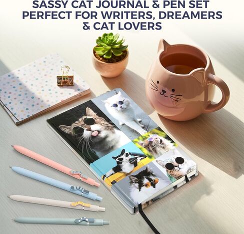 Kathy & Jiggs Sassy Cat Writing Bundle – Aesthetic A5 Journal + 4 Kawaii Cute Cat Gel Pens (Black Ink) for Creative Expression & Gifts for Cat Lovers – Kids, Teens, Adults – 160 Lined Pages in Kuwait