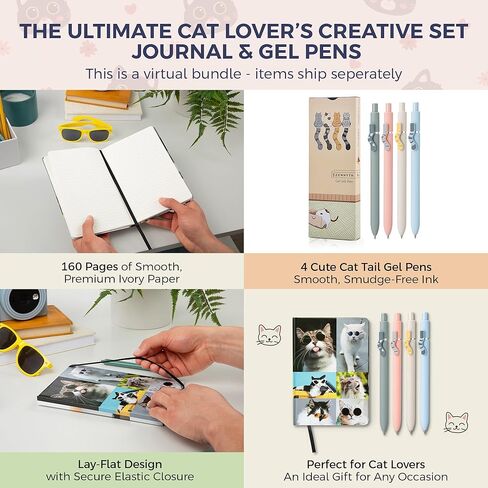 Kathy & Jiggs Sassy Cat Writing Bundle – Aesthetic A5 Journal + 4 Kawaii Cute Cat Gel Pens (Black Ink) for Creative Expression & Gifts for Cat Lovers – Kids, Teens, Adults – 160 Lined Pages in Kuwait