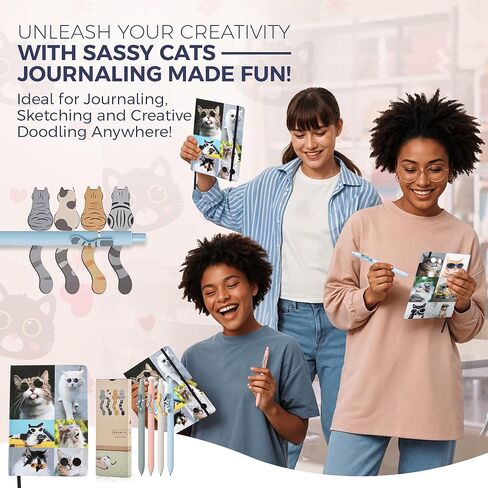 Kathy & Jiggs Sassy Cat Writing Bundle – Aesthetic A5 Journal + 4 Kawaii Cute Cat Gel Pens (Black Ink) for Creative Expression & Gifts for Cat Lovers – Kids, Teens, Adults – 160 Lined Pages in Kuwait