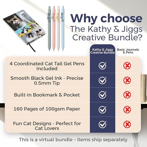 Kathy & Jiggs Sassy Cat Writing Bundle – Aesthetic A5 Journal + 4 Kawaii Cute Cat Gel Pens (Black Ink) for Creative Expression & Gifts for Cat Lovers – Kids, Teens, Adults – 160 Lined Pages in Kuwait