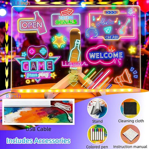 LED Note Board with Colors, 11.8"X8" LED Drawing Board Portable Doodling Glow LED Note Board Gifts Toys for Kids Rechargeable with Light, Include Adapter, Dry Erase Board with Stand, 7 Markers in Kuwait