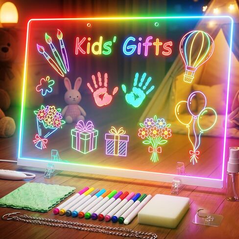 لوحة رسم LED للأطفال مقاس 17 بوصة مع 7 ألوان و6 أوضاع، لوحة ملاحظات LED بألوان، لوحة مسح جافة من الأكريليك المضيئة تتضمن محول، 7 علامات، لوحة رسومات الشعار المبتكرة المتوهجة هدايا العطلات للفتيات والأطفال in Kuwait