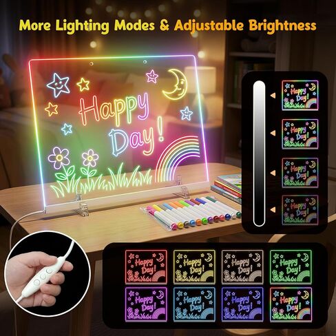لوحة رسم LED للأطفال مقاس 17 بوصة مع 7 ألوان و6 أوضاع، لوحة ملاحظات LED بألوان، لوحة مسح جافة من الأكريليك المضيئة تتضمن محول، 7 علامات، لوحة رسومات الشعار المبتكرة المتوهجة هدايا العطلات للفتيات والأطفال in Kuwait